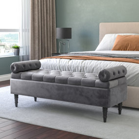 Grey Linen Upholstered Bed End Bench Storage Ottoman Bench with Side Arms W 1260 x D 440 x H 460 mm