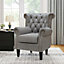 Grey Linen Upholstered Buttoned Back Nailhead Armchair Sofa Chair