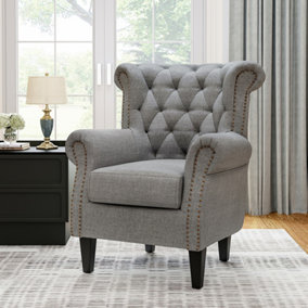 Grey Linen Upholstered Buttoned Back Nailhead Armchair Sofa Chair