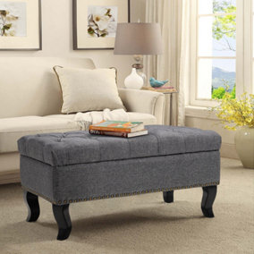 Grey Linen Upholstered Ottoman Bench Bed End Bench with Rubberwood Legs W 800 x D 470 x H 400 mm