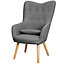 Grey Linen Upholstered Wing Back Occasional Armchair with Cushion and Wooden Legs