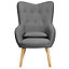 Grey Linen Upholstered Wing Back Occasional Armchair with Cushion and Wooden Legs