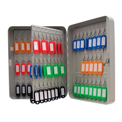 Grey Lockable Wall Mounted Key Cabinet - Steel Key Safe with Lock, Hook Numbers & Key Tags - 93 Key Capacity, H30 x W24 x D8cm Price Comparisons | Compare The Build