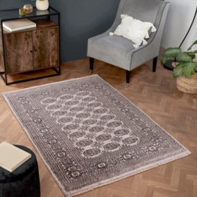 Grey Luxurious Bordered Traditional Floral Geometric Wool Handmade Rug For Living Room Bedroom & Dining Room-120cm X 180cm