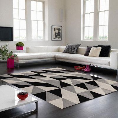 Grey Luxurious Modern Wool Chequered Geometric Handmade Rug For Living Room Bedroom & Dining Room-66 X 200cm (Runner)