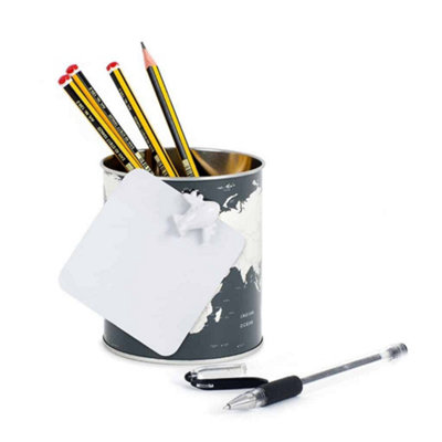 Grey Metal World Map Globe Magnetic Pen Pot Holder Tin