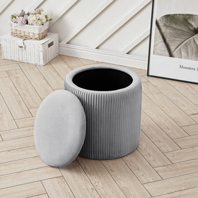 Grey Modern Cylinder Pleated Flip Cover Padded Storage Ottoman Footstool Dia 380 x H 380 mm