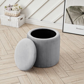 Grey Modern Cylinder Pleated Flip Cover Padded Storage Ottoman Footstool