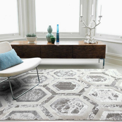 Grey Modern Easy to Clean Abstract Geometric Rug For Dining Room Grdroom LivingRoom-120cm X 170cm