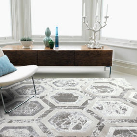 Grey Modern Easy to Clean Abstract Geometric Rug For Dining Room Grdroom LivingRoom-120cm X 170cm
