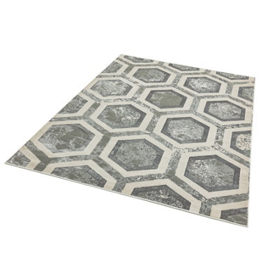 Grey Modern Easy to Clean Abstract Geometric Rug For Dining Room Grdroom LivingRoom-120cm X 170cm