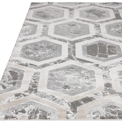 Grey Modern Easy to Clean Abstract Geometric Rug For Dining Room Grdroom LivingRoom-120cm X 170cm