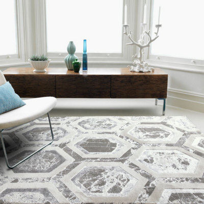 Grey Modern Easy to Clean Abstract Geometric Rug For Dining Room Grdroom LivingRoom-240cm X 340cm