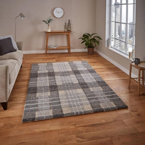 Grey Modern Geometric Tartan Chequered Easy To Clean Rug For Dining Room-120cm X 170cm
