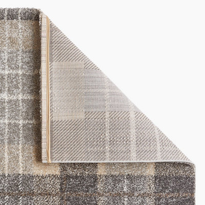 Grey Modern Geometric Tartan Chequered Easy To Clean Rug For Dining Room-160cm X 220cm