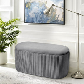 Grey Modern Oval  Velvet Upholstery Pleated Storage Ottoman Bench Bed End Bench W 700 x D 380 x H 380 mm