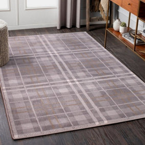 Grey Modern Tartan Easy to Clean Chequered Rug for Living Room, Bedroom, Dining Room - 160cm X 225cm