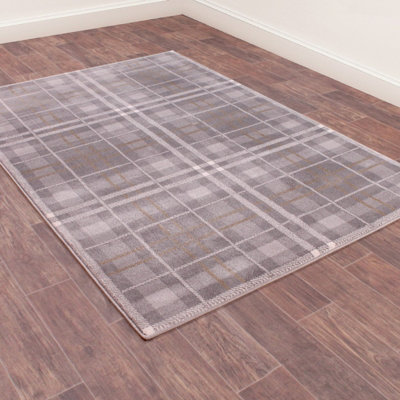 Grey Modern Tartan Easy to Clean Chequered Rug for Living Room, Bedroom, Dining Room - 80cm X 150cm