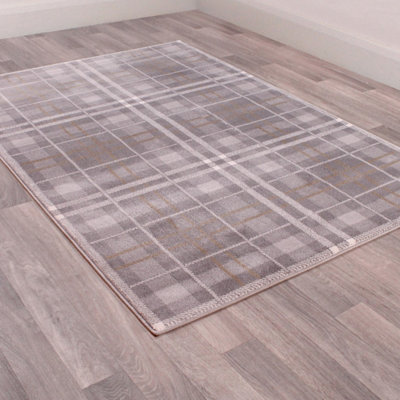 Grey Modern Tartan Easy to Clean Chequered Rug for Living Room, Bedroom, Dining Room - 80cm X 150cm