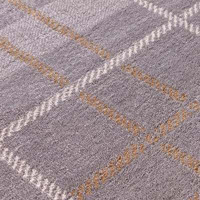 Grey Modern Tartan Easy to Clean Chequered Rug for Living Room, Bedroom, Dining Room - 80cm X 150cm