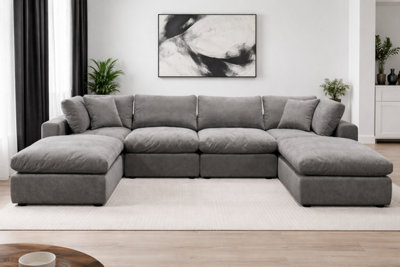 Grey Modular Scandinavian Sofa Set 6 Piece Linen Fabric Seating System