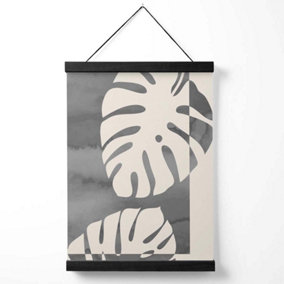 Grey Monstera Mid Century Tropical Medium Poster with Black Hanger