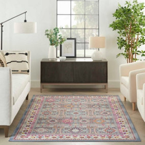 Grey Multi Luxurious Bordered Floral Persian Traditional Latex Backing Rug for Living Room Bedroom and Dining Room-61cm X 115cm