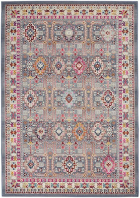 Grey Multi Persian Rug, Stain-Resistant Bordered Floral Rug, Traditional Luxurious Rug for Dining Room-121cm X 173cm