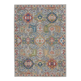 Grey/Multicolor Persian Floral Rug, Stain-Resistant Luxurious Traditional Rug for Bedroom, & DiningRoom-183cm (Circle)