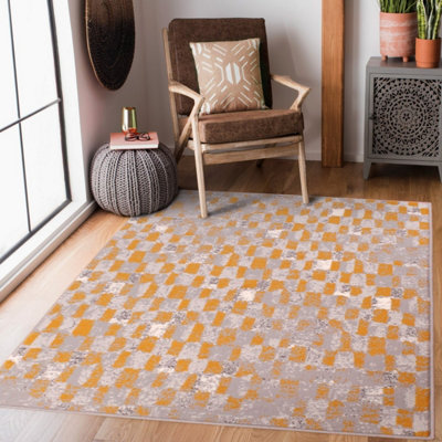 Grey Mustard Modern Geometric Rug Easy to clean Dining Room-120cm X 160cm