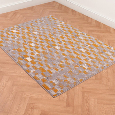 Grey Mustard Modern Geometric Rug Easy to clean Dining Room-120cm X 160cm