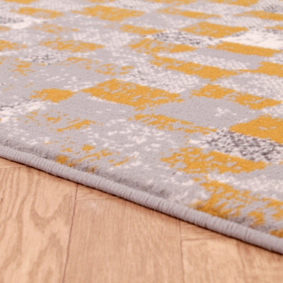 Grey Mustard Modern Geometric Rug Easy to clean Dining Room-120cm X 160cm