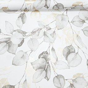 Grey Natural Floral Wallpaper White Gold Metallic Grey Eucalyptus Leaves Smooth