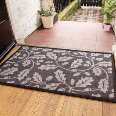 Grey Natural Leaf Acorn Non Slip Washable Kitchen Utility Mat 80x150cm ...