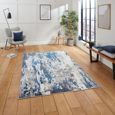 Grey Navy Abstract Machine Made Modern Rug for Living Room Bedroom and ...