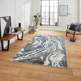 Grey Navy Abstract Modern Easy To Clean Rug For Dining Room-120cm X 170cm