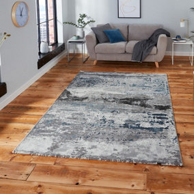 Grey Navy Abstract Modern Easy to Clean Rug For DiningRoom Bedroom and Living Room -120cm X 170cm
