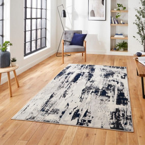 Grey Navy Abstract Modern Polypropylene Easy to Clean Rug for Living Room Bedroom and Dining Room-120cm X 170cm