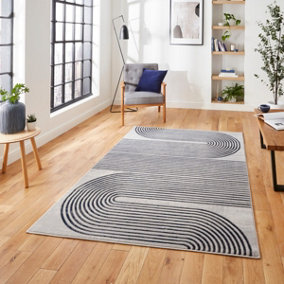 Grey Navy Abstract Striped Modern Easy to clean Rug for Dining Room-120cm X 170cm