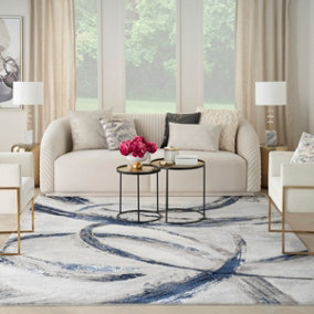 Grey Navy Blue Abstract Modern Living Room Bedroom & Dining Room Rug-66 X 229cmcm (Runner)