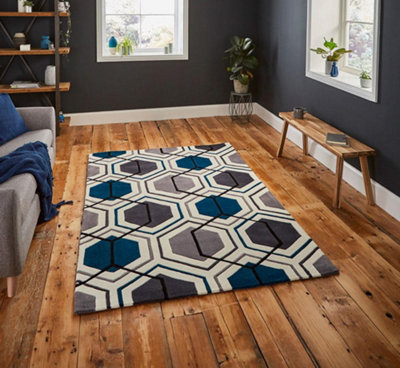 Grey/Navy Handmade Modern Geometric Easy to clean Rug for Bedroom & Living Room-120cm X 170cm
