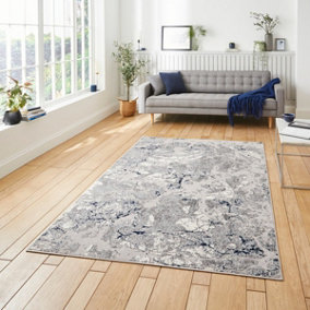 Grey Navy Modern Abstract Easy To Clean Dining Room Rug-120cm X 170cm