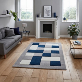 Grey Navy Modern Chequered Modern Geometric Easy to Clean Rug for Living Room, Bedroom and Dining Room-120cm X 170cm