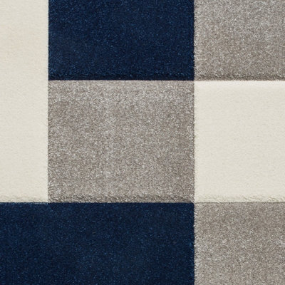 Grey Navy Rug, Chequered Bordered Rug, 10mm Thickness Geometric Rug ...