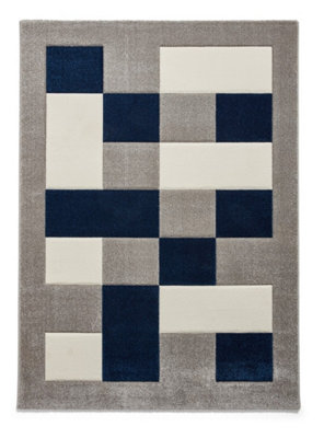 Grey Navy Rug, Chequered Bordered Rug, 10mm Thickness Geometric Rug, Modern Rug for Bedroom, & DiningRoom-160cm X 220cm