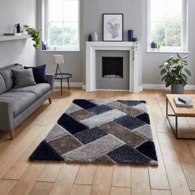 Grey Navy Shaggy Geometric Modern Rug for Living Room Bedroom and Dining Room-120cm X 170cm