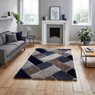 Grey Navy Shaggy Geometric Modern Rug for Living Room Bedroom and Dining Room-80cm X 150cm