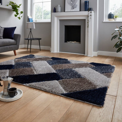 Grey Navy Shaggy Geometric Modern Rug for Living Room Bedroom and Dining Room-80cm X 150cm