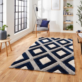 Grey Navy Shaggy Modern Geometric Machine Made Easy to Clean Rug for Living Room Bedroom and Dining Room-120cm X 170cm