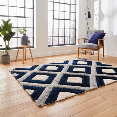 Grey Navy Shaggy Modern Geometric Machine Made Easy to Clean Rug for ...